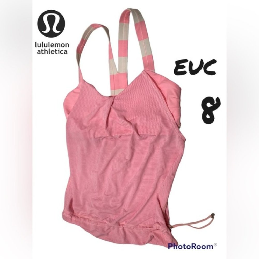 LULULEMON Rest Less built in bra tank top pink and white cinch bottom